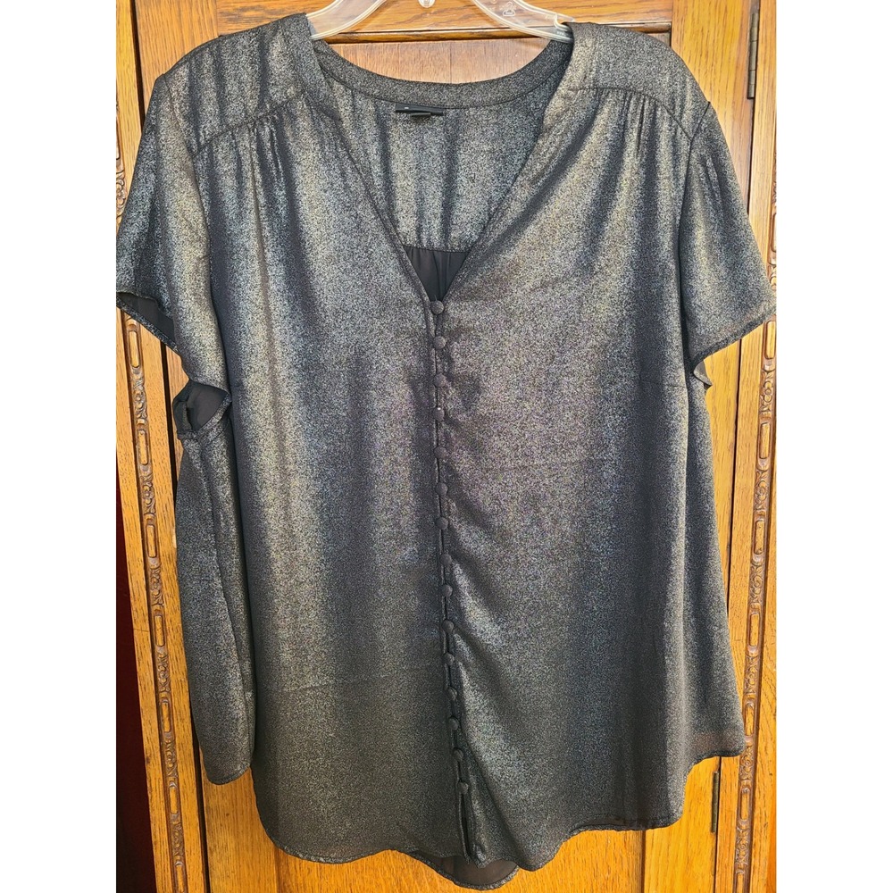 Torrid Womens Metallic Silver Black Button Front Blouse V-Neck Top Size 1 1X